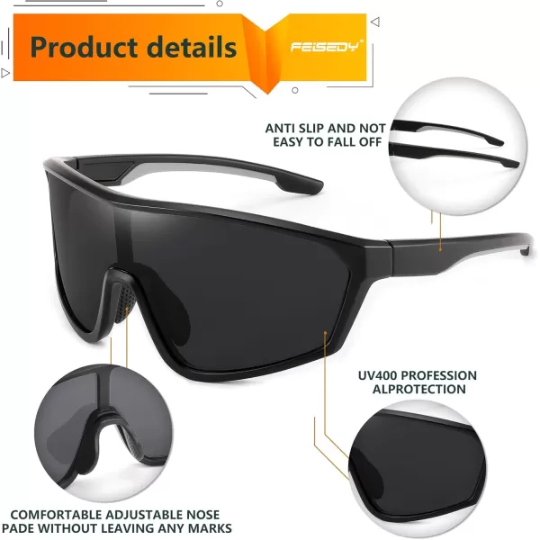 FEISEDY Cycling Sunglasses Men Women UV400 Protection for Baseball Cycling Sun Glasses Youth 812 B0085Grey Lenses Black Frame