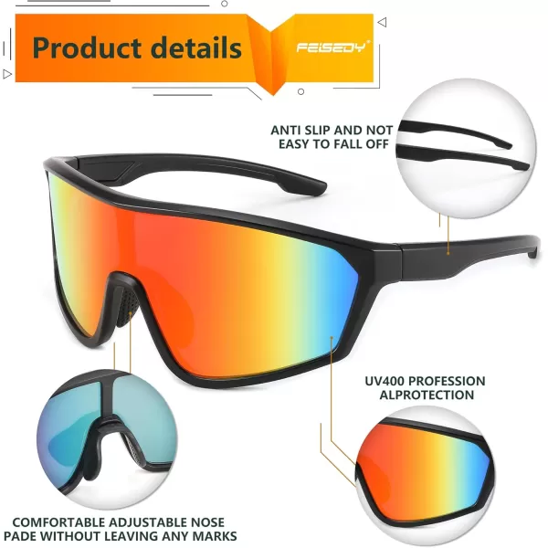 FEISEDY Cycling Sunglasses Men Women UV400 Protection for Baseball Cycling Sun Glasses Youth 812 B0085Red Mirrored Lenses Black Frame