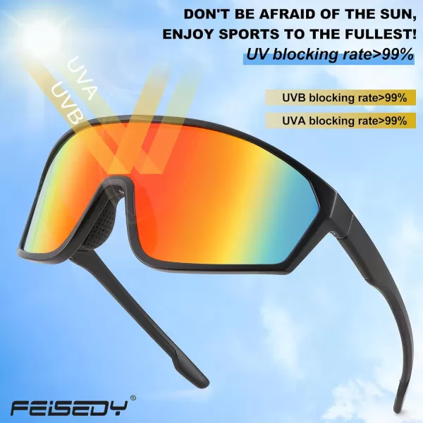 FEISEDY Cycling Sunglasses Men Women UV400 Protection for Baseball Cycling Sun Glasses Youth 812 B0085Red Mirrored Lenses Black Frame