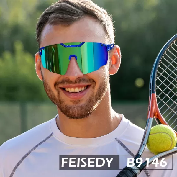 FEISEDY Cycling Sunglasses for Women Men 80s Sport Sun Glasses Baseball Running Softball with Youth Teens Shades B9146Blue Frame Mirror Green