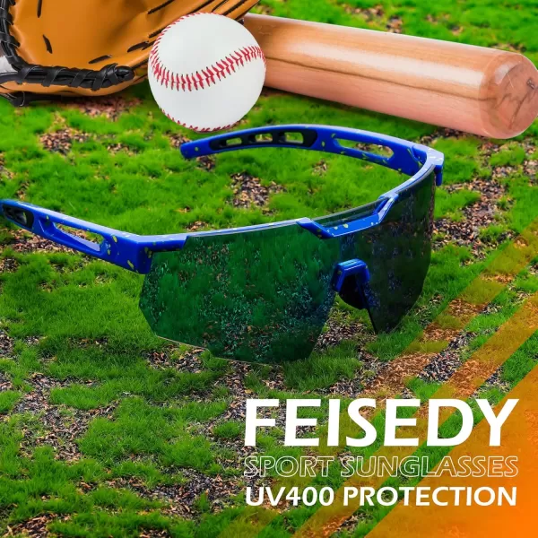 FEISEDY Cycling Sunglasses for Women Men 80s Sport Sun Glasses Baseball Running Softball with Youth Teens Shades B9146Blue Frame Mirror Green
