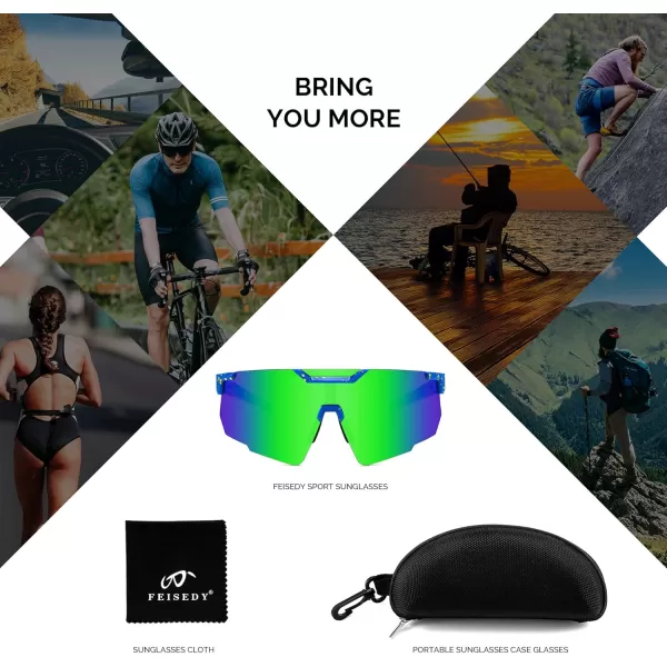 FEISEDY Cycling Sunglasses for Women Men 80s Sport Sun Glasses Baseball Running Softball with Youth Teens Shades B9146Blue Frame Mirror Green