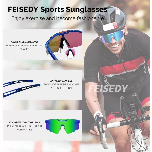 FEISEDY Cycling Sunglasses for Women Men 80s Sport Sun Glasses Baseball Running Softball with Youth Teens Shades B9146Blue Frame Mirror Green