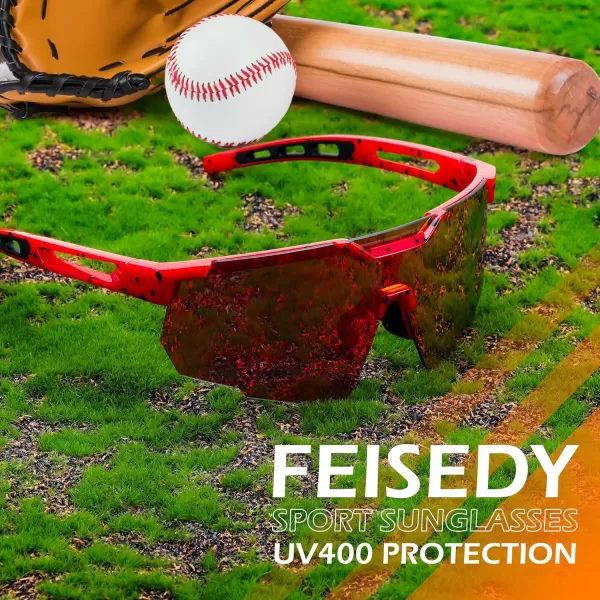 FEISEDY Cycling Sunglasses for Women Men 80s Sport Sun Glasses Baseball Running Softball with Youth Teens Shades B9146Red Frame Mirror Red