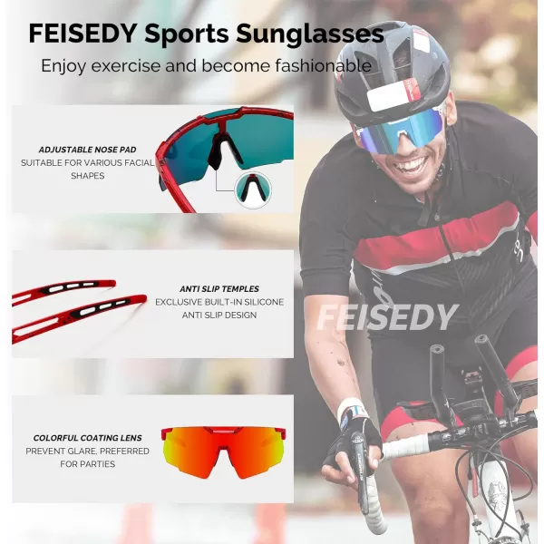 FEISEDY Cycling Sunglasses for Women Men 80s Sport Sun Glasses Baseball Running Softball with Youth Teens Shades B9146Red Frame Mirror Red