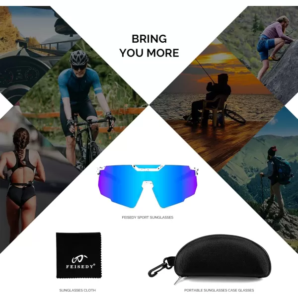 FEISEDY Cycling Sunglasses for Women Men 80s Sport Sun Glasses Baseball Running Softball with Youth Teens Shades B9146White Frame Mirror Blue