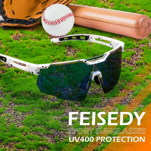 FEISEDY Cycling Sunglasses for Women Men 80s Sport Sun Glasses Baseball Running Softball with Youth Teens Shades B9146White Frame Mirror Blue