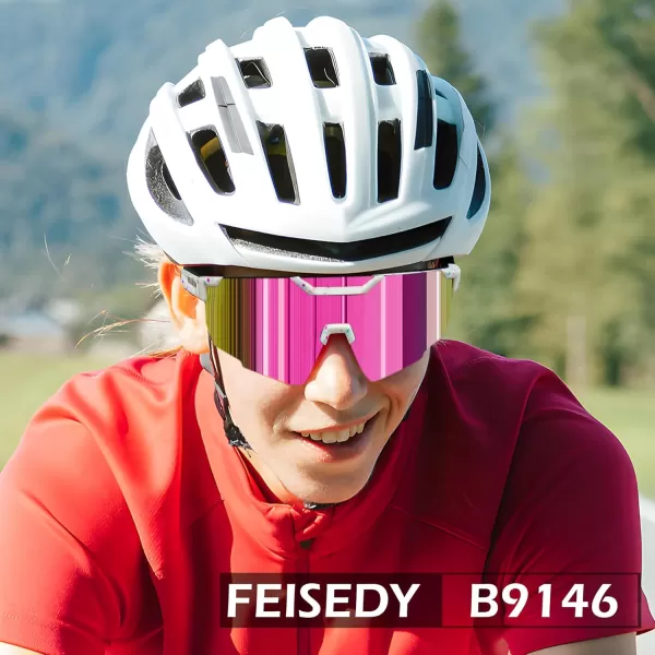 FEISEDY Cycling Sunglasses for Women Men 80s Sport Sun Glasses Baseball Running Softball with Youth Teens Shades B9146White Frame Mirror Pink