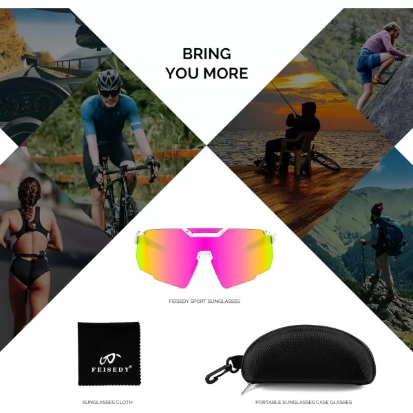 FEISEDY Cycling Sunglasses for Women Men 80s Sport Sun Glasses Baseball Running Softball with Youth Teens Shades B9146White Frame Mirror Pink
