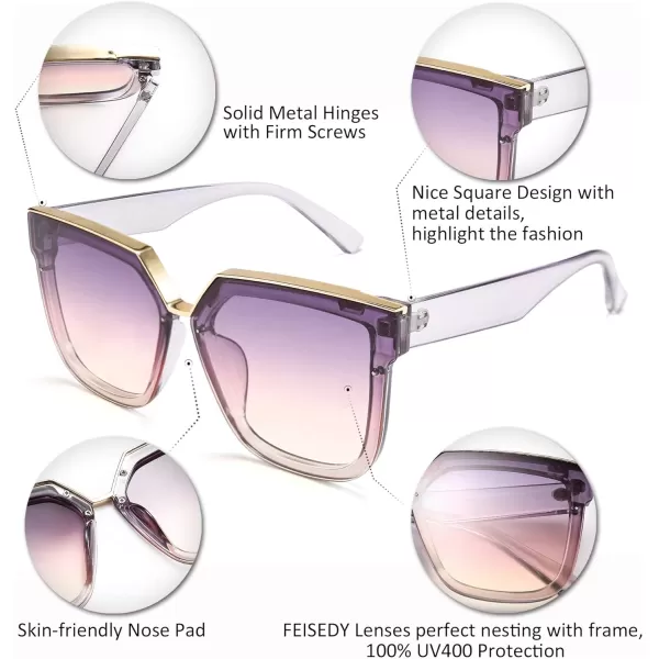 FEISEDY Fashion Women Men Sunglasses Square Frame Metal Shape Nesting Lenses B2595Clear Purple