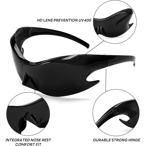 FEISEDY Futuristic Sunglasses Fashion Alien Y2K Wrap Around for Women Men B4135Black