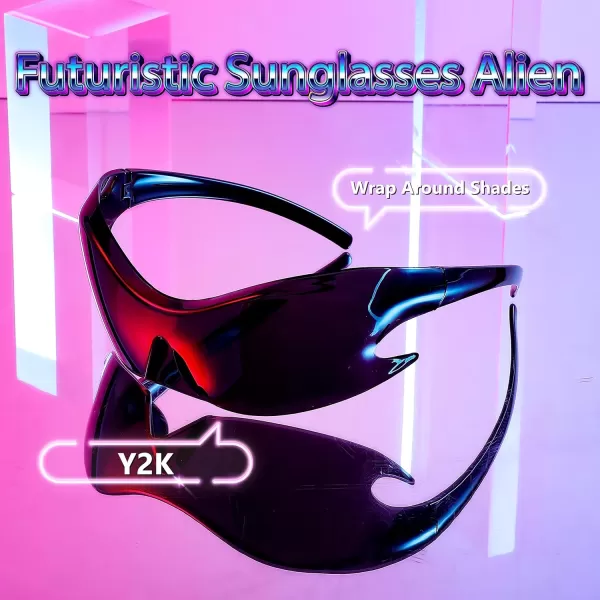 FEISEDY Futuristic Sunglasses Fashion Alien Y2K Wrap Around for Women Men B4135Black