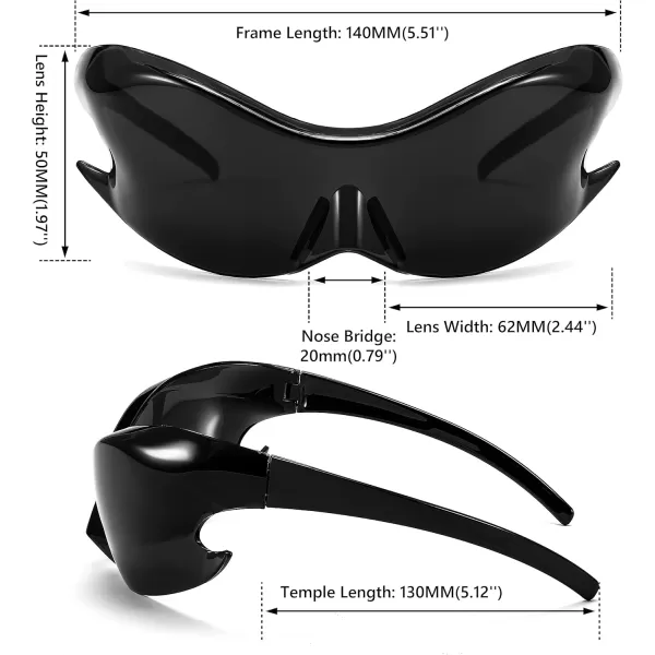 FEISEDY Futuristic Sunglasses Fashion Alien Y2K Wrap Around for Women Men B4135Black