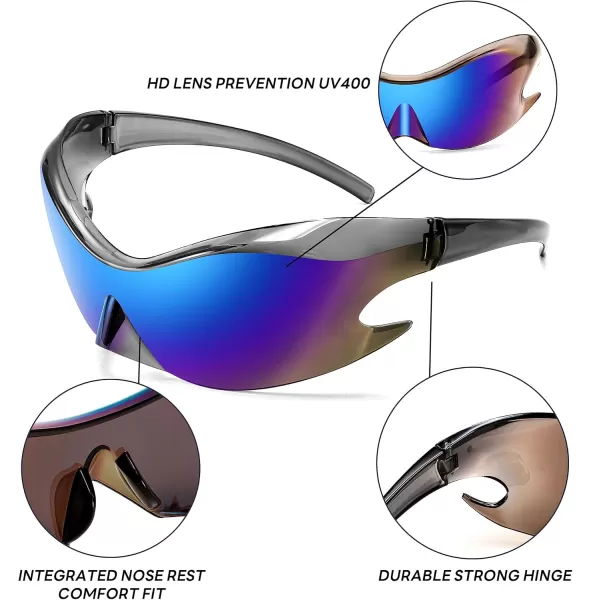 FEISEDY Futuristic Sunglasses Fashion Alien Y2K Wrap Around for Women Men B4135Blue Mirror