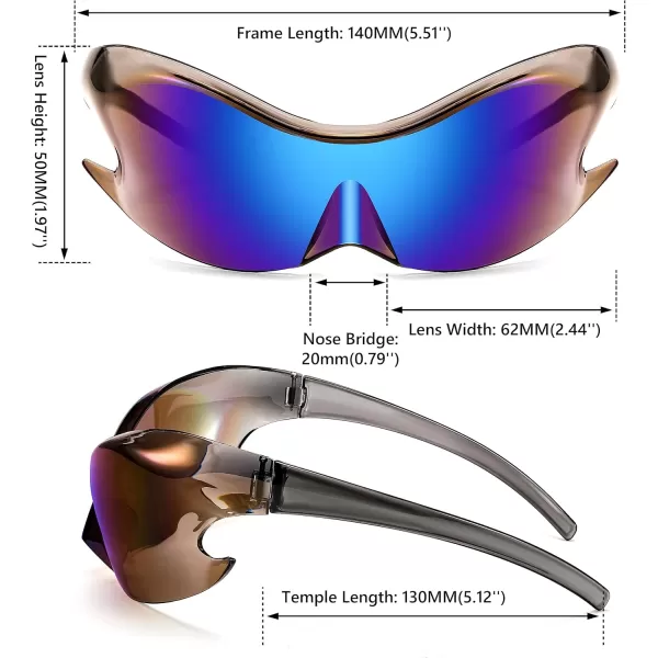 FEISEDY Futuristic Sunglasses Fashion Alien Y2K Wrap Around for Women Men B4135Blue Mirror