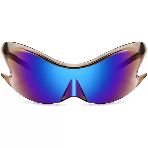 FEISEDY Futuristic Sunglasses Fashion Alien Y2K Wrap Around for Women Men B4135Blue Mirror