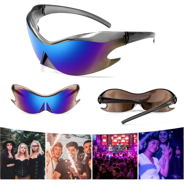 FEISEDY Futuristic Sunglasses Fashion Alien Y2K Wrap Around for Women Men B4135Blue Mirror