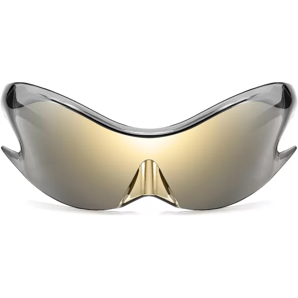 FEISEDY Futuristic Sunglasses Fashion Alien Y2K Wrap Around for Women Men B4135Gold Mirror