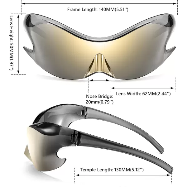 FEISEDY Futuristic Sunglasses Fashion Alien Y2K Wrap Around for Women Men B4135Gold Mirror