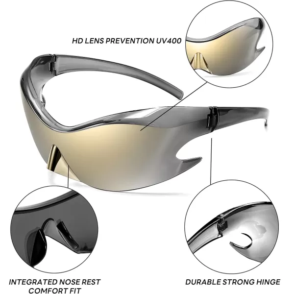FEISEDY Futuristic Sunglasses Fashion Alien Y2K Wrap Around for Women Men B4135Gold Mirror