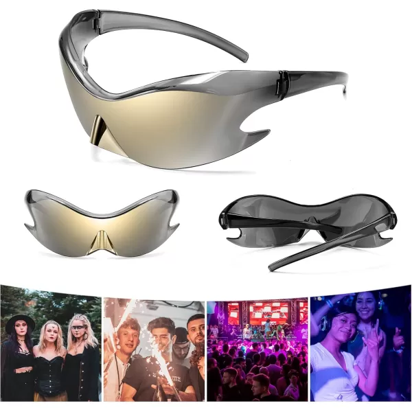 FEISEDY Futuristic Sunglasses Fashion Alien Y2K Wrap Around for Women Men B4135Gold Mirror