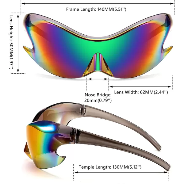 FEISEDY Futuristic Sunglasses Fashion Alien Y2K Wrap Around for Women Men B4135Green Mirror