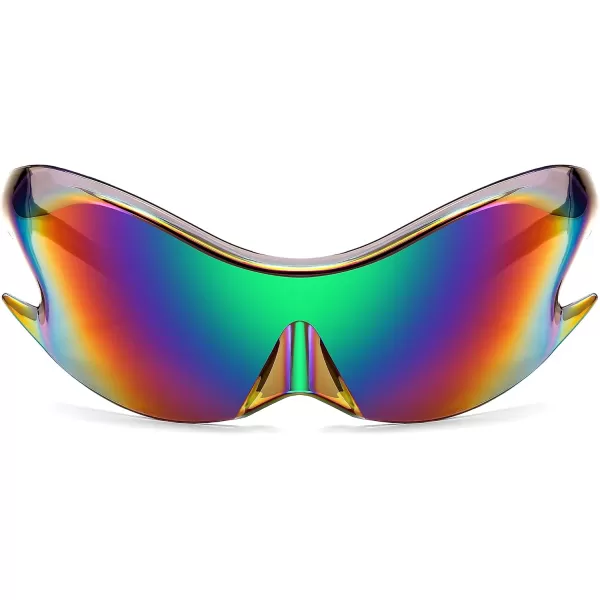FEISEDY Futuristic Sunglasses Fashion Alien Y2K Wrap Around for Women Men B4135Green Mirror