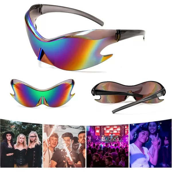 FEISEDY Futuristic Sunglasses Fashion Alien Y2K Wrap Around for Women Men B4135Green Mirror