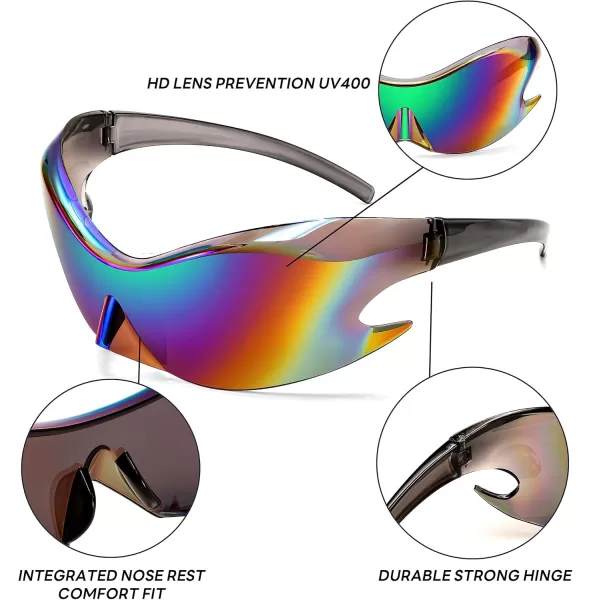 FEISEDY Futuristic Sunglasses Fashion Alien Y2K Wrap Around for Women Men B4135Green Mirror