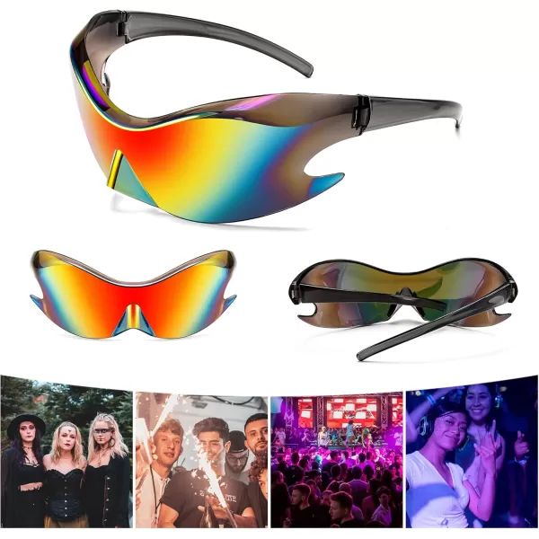 FEISEDY Futuristic Sunglasses Fashion Alien Y2K Wrap Around for Women Men B4135Red Mirror