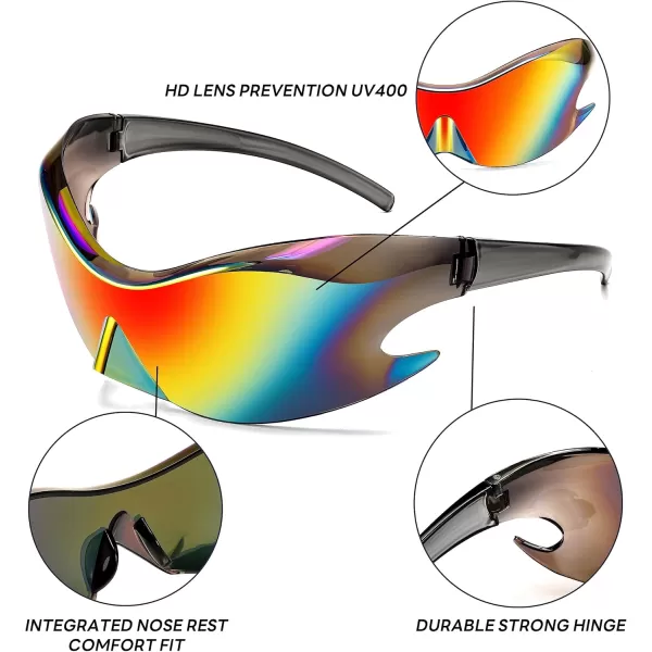 FEISEDY Futuristic Sunglasses Fashion Alien Y2K Wrap Around for Women Men B4135Red Mirror