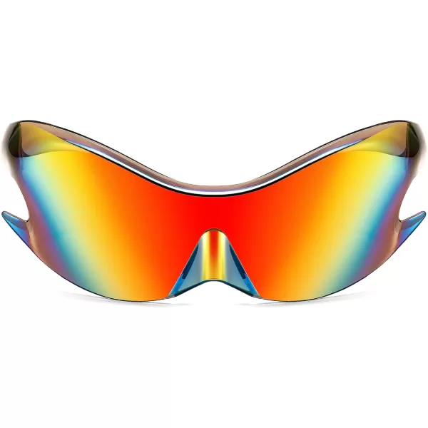 FEISEDY Futuristic Sunglasses Fashion Alien Y2K Wrap Around for Women Men B4135Red Mirror