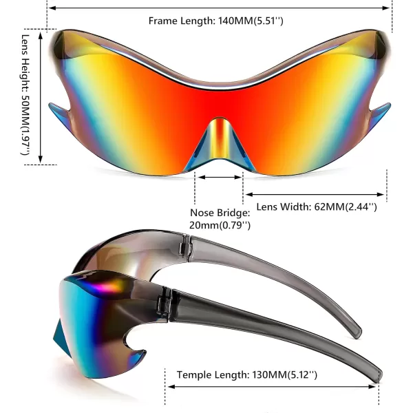 FEISEDY Futuristic Sunglasses Fashion Alien Y2K Wrap Around for Women Men B4135Red Mirror
