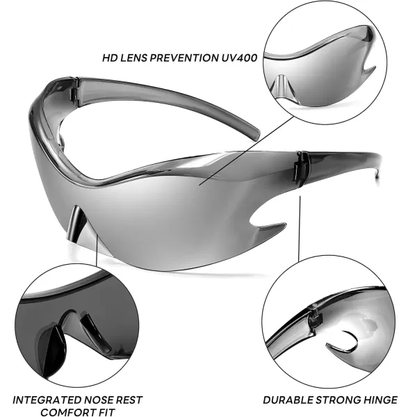 FEISEDY Futuristic Sunglasses Fashion Alien Y2K Wrap Around for Women Men B4135Sliver Mirror