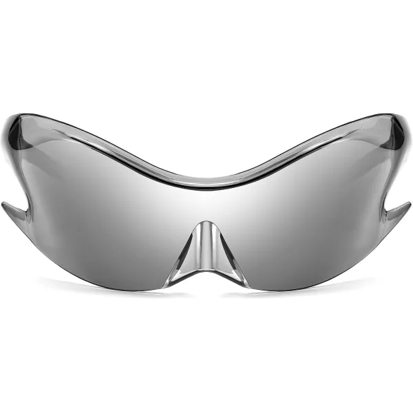 FEISEDY Futuristic Sunglasses Fashion Alien Y2K Wrap Around for Women Men B4135Sliver Mirror