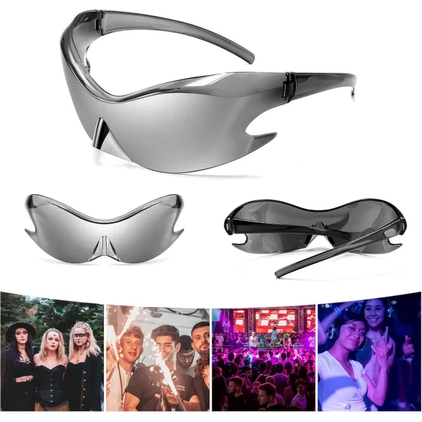 FEISEDY Futuristic Sunglasses Fashion Alien Y2K Wrap Around for Women Men B4135Sliver Mirror