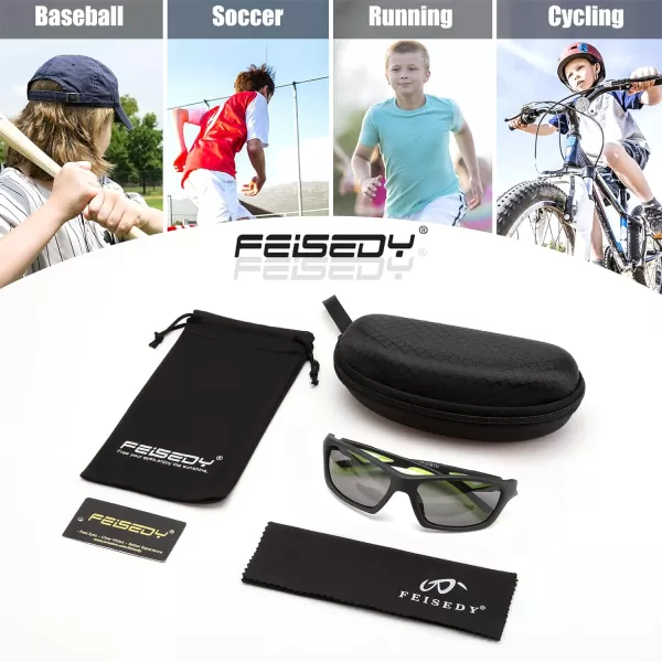 FEISEDY Kids Polarized Sunglasses TR90 Sports Cycling Glasses UV400 for Boys Girls Age 310 B0160Black Frame Grey Lens