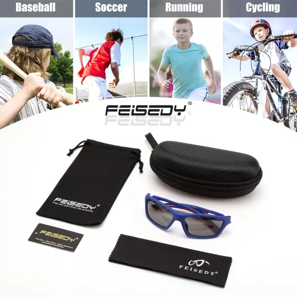 FEISEDY Kids Polarized Sunglasses TR90 Sports Cycling Glasses UV400 for Boys Girls Age 310 B0160Blue Frame Grey Lens