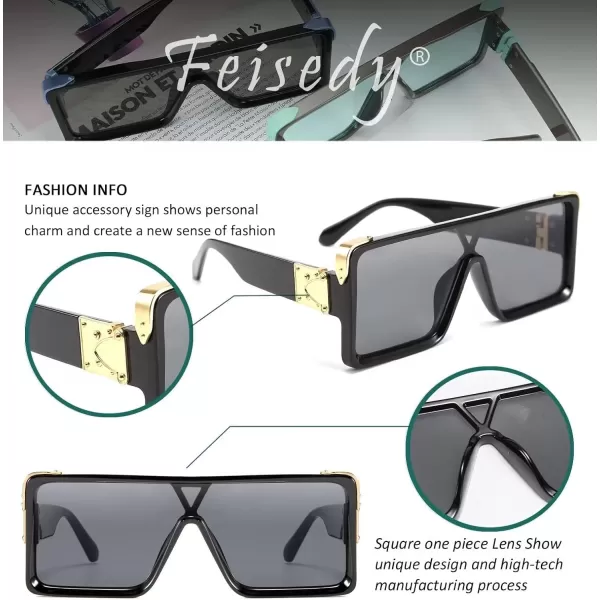 FEISEDY One Piece Square Sunglasses Women Men Metal Buckle Design B2540Black