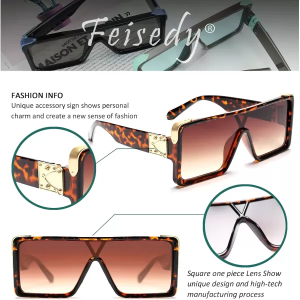 FEISEDY One Piece Square Sunglasses Women Men Metal Buckle Design B2540Leopard