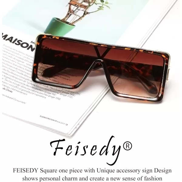 FEISEDY One Piece Square Sunglasses Women Men Metal Buckle Design B2540Leopard
