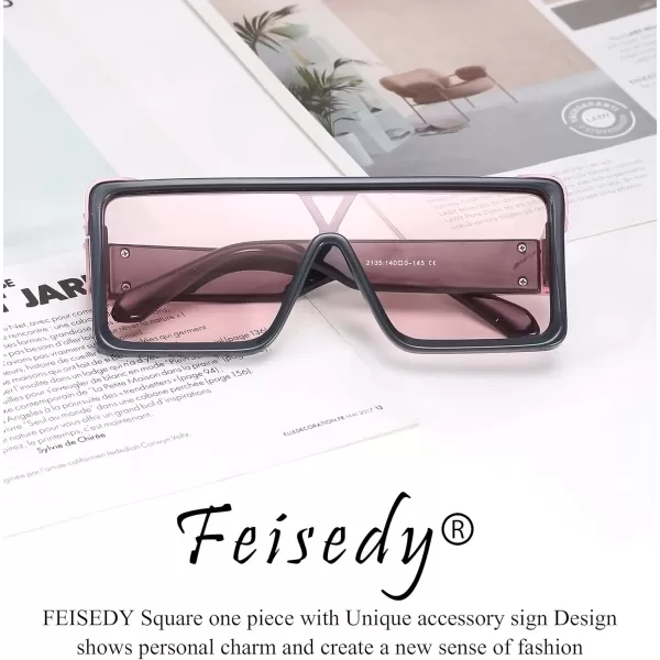 FEISEDY One Piece Square Sunglasses Women Men Metal Buckle Design B2540Pink