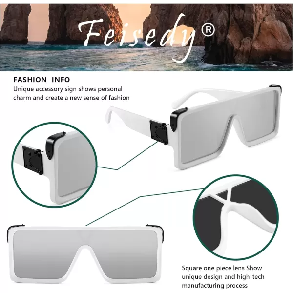 FEISEDY One Piece Square Sunglasses Women Men Metal Buckle Design B2540White