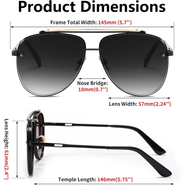 FEISEDY Oversized Aviator Sunglasses for Men Women Vintage Sun Glasses Metal Frame Gradient Shades B0105Black FrameGradient Grey Lens