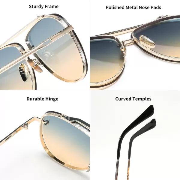 FEISEDY Oversized Aviator Sunglasses for Men Women Vintage Sun Glasses Metal Frame Gradient Shades B0105Gold FrameGradient Blue Lens