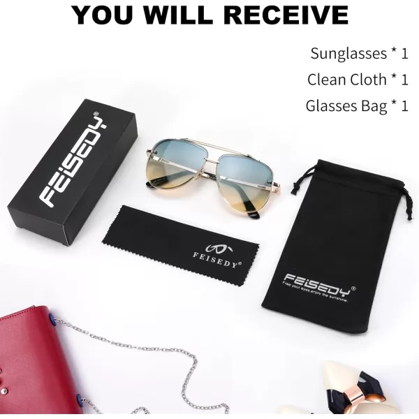 FEISEDY Oversized Aviator Sunglasses for Men Women Vintage Sun Glasses Metal Frame Gradient Shades B0105Gold FrameGradient Blue Lens