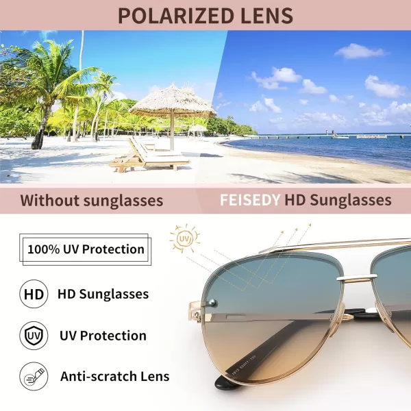 FEISEDY Oversized Aviator Sunglasses for Men Women Vintage Sun Glasses Metal Frame Gradient Shades B0105Gold FrameGradient Blue Lens