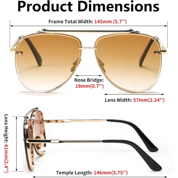 FEISEDY Oversized Aviator Sunglasses for Men Women Vintage Sun Glasses Metal Frame Gradient Shades B0105Gold FrameGradient Brown Lens