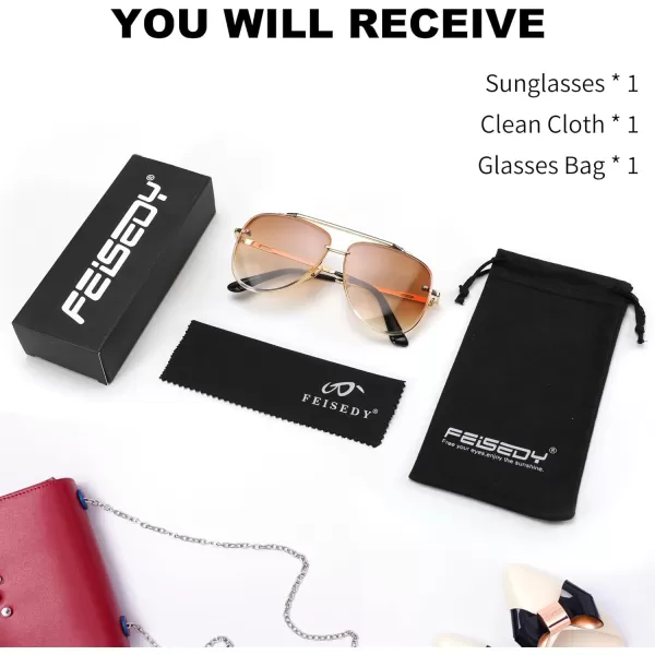 FEISEDY Oversized Aviator Sunglasses for Men Women Vintage Sun Glasses Metal Frame Gradient Shades B0105Gold FrameGradient Brown Lens