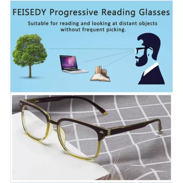 FEISEDY Progressive Multifocal Reading Glasses Blue Light blocking Reader Glasses TR90 Frame Women Men B2497Brownyellow